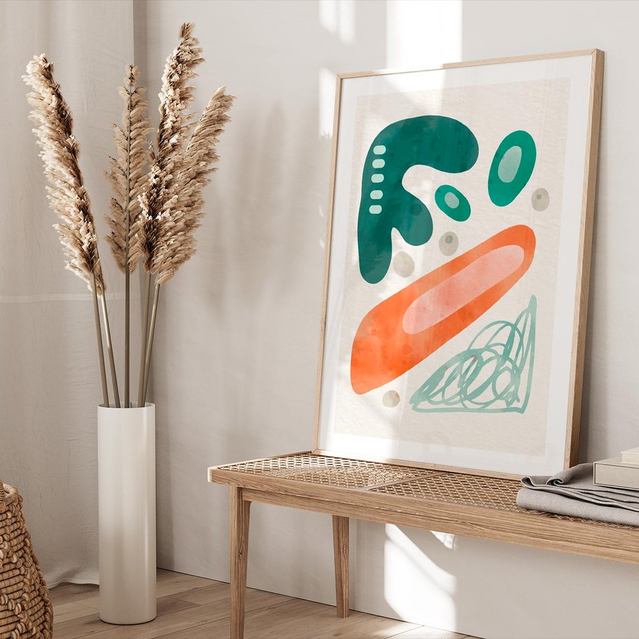 Plakat w ramie 50x70 - Podróżne Wizje - abstrakcyjne plamy, zielony - rama drewno