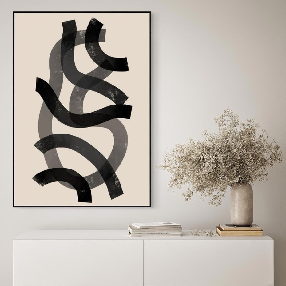 Obraz w ramie 70x100 - Strukturalne Odbicia Innowacji - zaplątane minimalistyczne linie, na bezowym tle - rama czarna