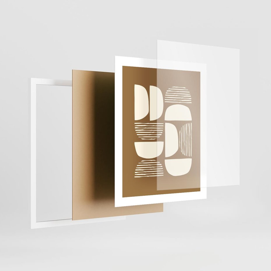 Plakat w ramie 40x50 - Wewnętrzne Spektrum - geometryczne boho kształty na brązowym, karmelowym tle - rama biała