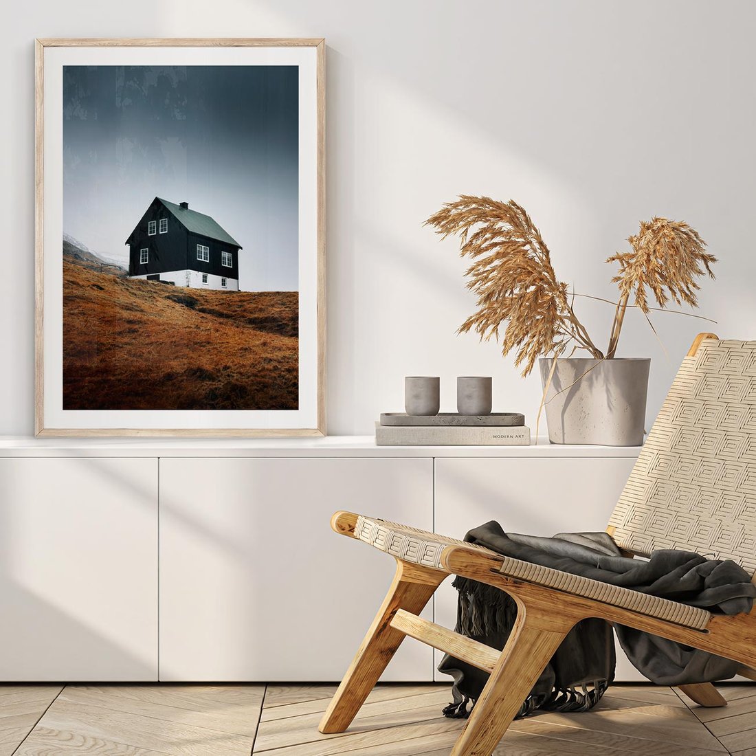 Plakat w ramie 40x50 - Ciepło i Przytulność - skandynawski, domek - rama drewno
