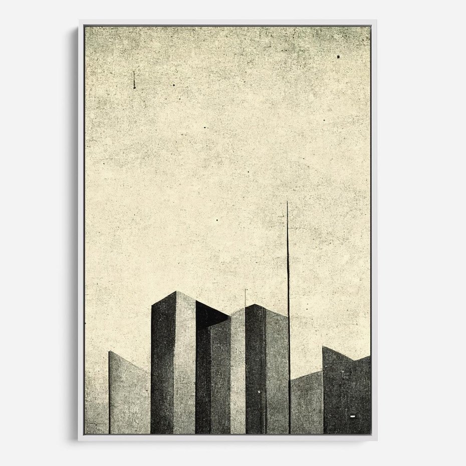 Obraz w ramie 80x120 - Mroczne Wieżowce - postarzana grafika, perspektywa budynków wieżowców - rama biała
