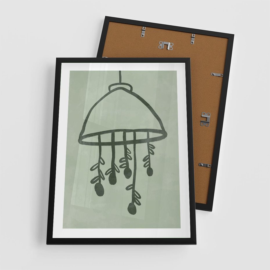 Plakat w ramie 50x70 - Zieleń Inspirującego Spokoju - plakat z abstrakcyjną zieloną lampą, skandynawski design - rama czarna