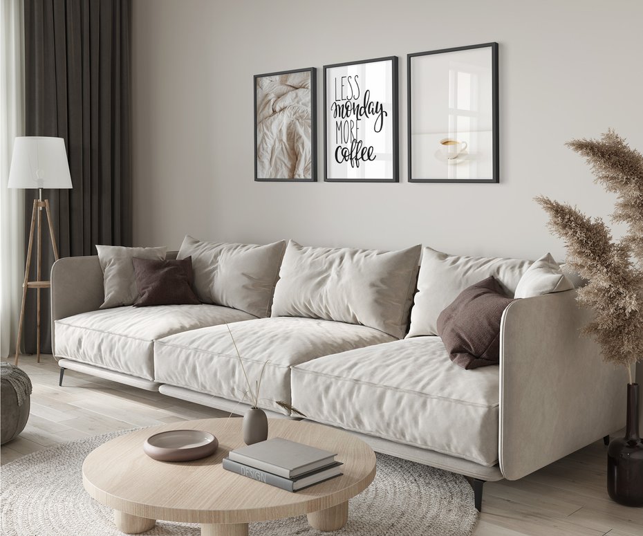 Zestaw obrazy w ramie 40x50 galeria - Kawa, łóżko, pościel, minimalizm - rama czarna