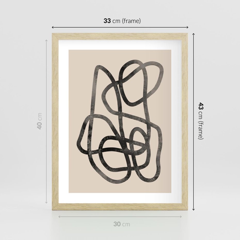 Plakat w ramie 30x40 - Przenikanie Wirtualnych Wymiarów - zaplątane minimalistyczne linie, na bezowym tle - rama drewno
