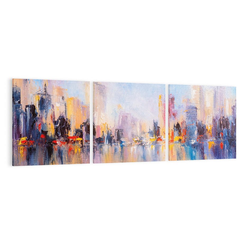 Obraz na płótnie 150x50 - Miasto Refleksji - olejna panorama miasta w oddali, wiezowce odbijają się w rzece
