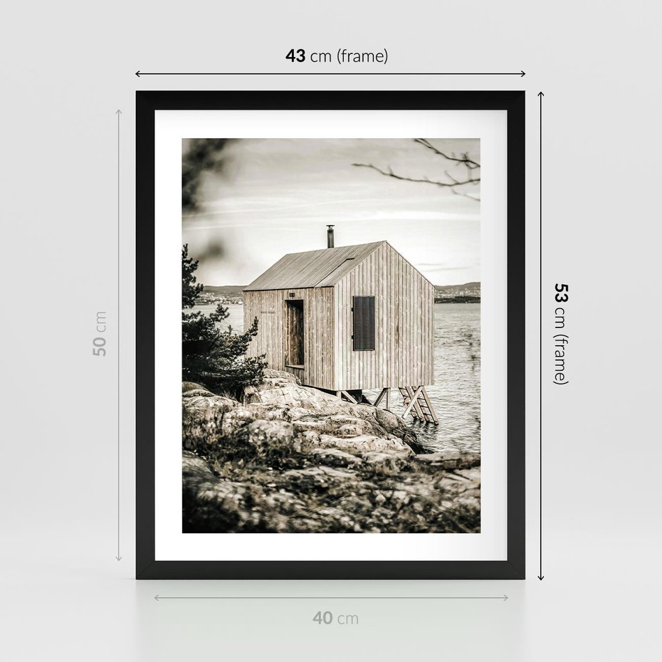 Plakat w ramie 40x50 - Nostalgiczna Oaza - rustykalny domek, domek nad jeziorem - rama czarna