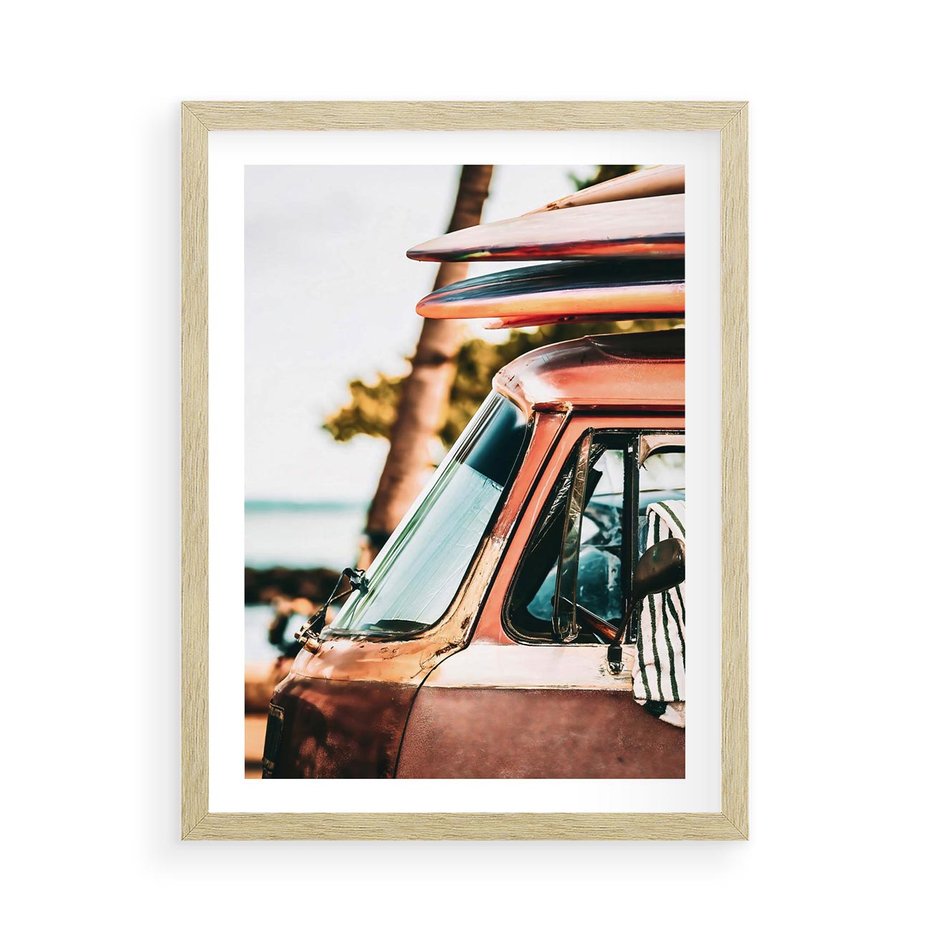 Plakat w ramie 50x70 - Surfingowa Wolność - samochód, stary van - rama drewno