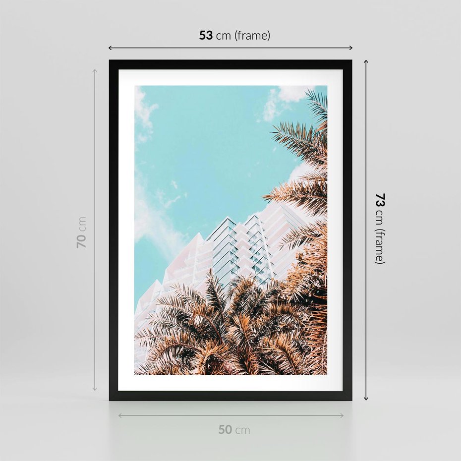 Plakat w ramie 50x70 - Wakacyjny Raj - palmy, wysokie budynki - rama czarna