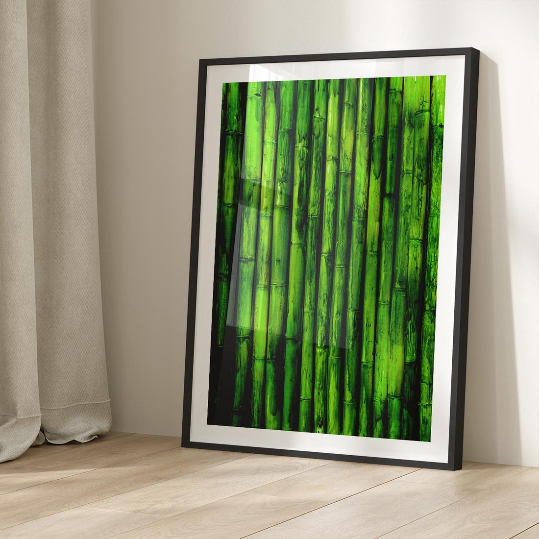Plakat w ramie 40x50 - Bambusowy urok zielonej harmonii - bambus, zieleń - rama czarna