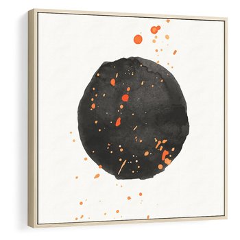Obraz w ramie 50x50 - Wibracje Kolorów - abstrakcyjna czarna plama, rozsiane pomarańczowe kropki - rama drewno