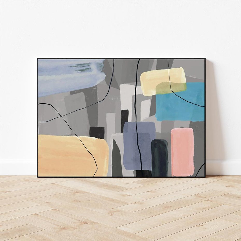 Obraz w ramie 100x70 - Harmonia w chaosie serca - abstrakcja na szarym tle, kolorowe plamy koloru - rama czarna