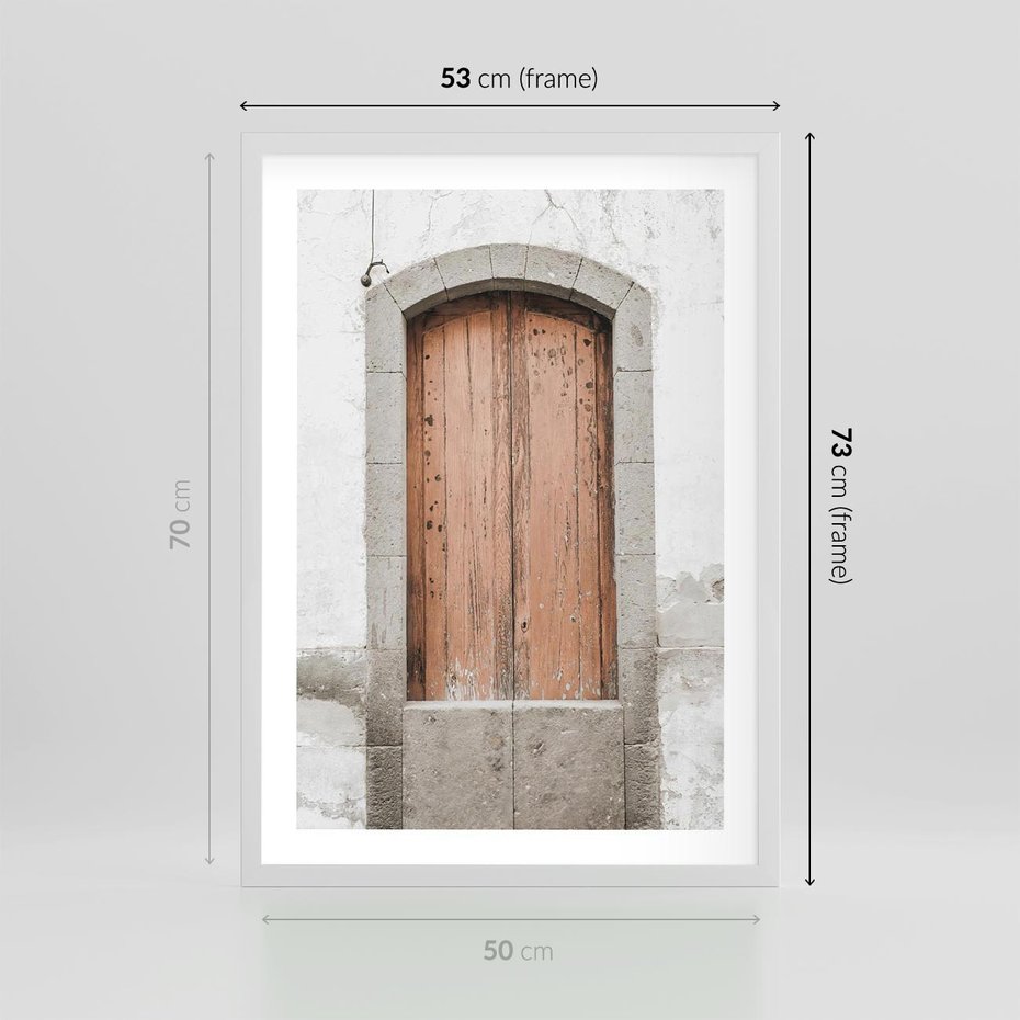 Plakat w ramie 50x70 - Śródziemnomorskie Drzwi Czasu - fotografia starych drzwi, śródziemnomorska architektura - rama biała