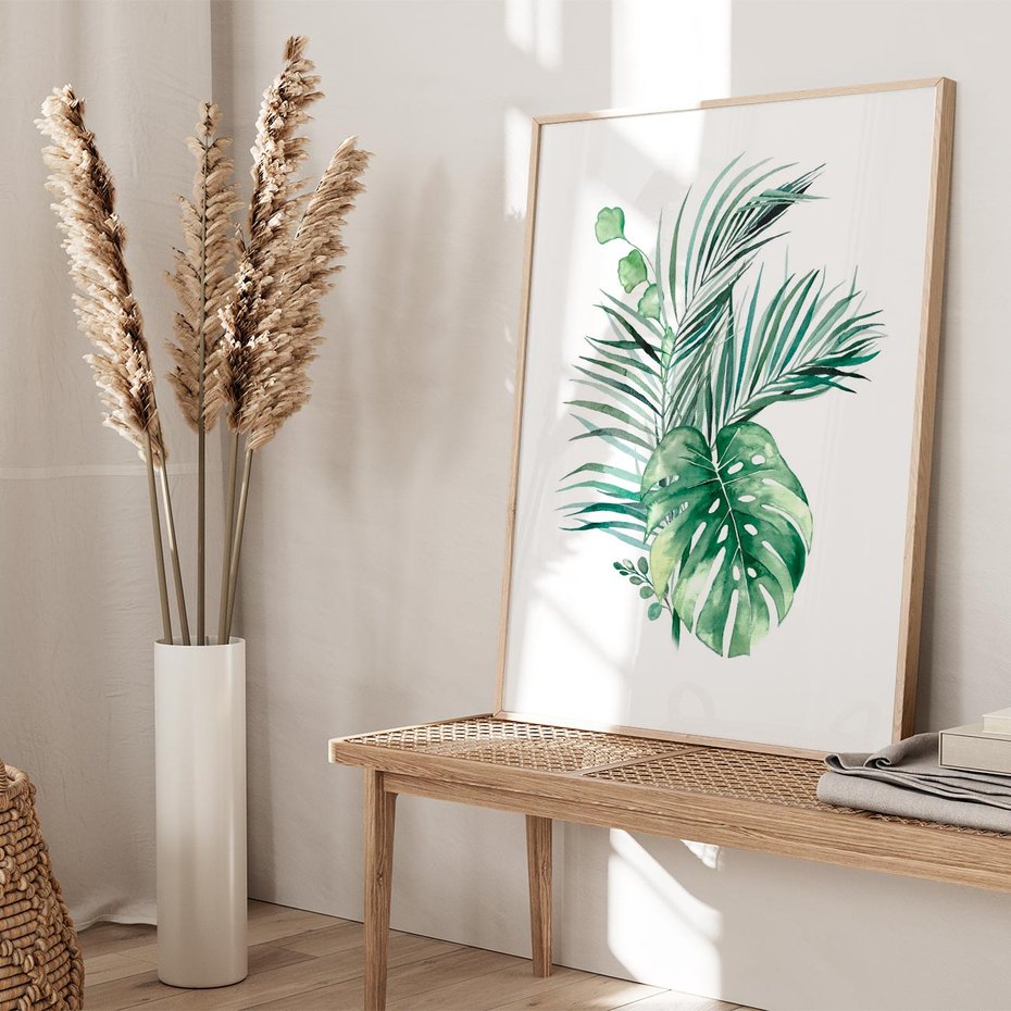 Plakat w ramie 50x70 - Liście i Życie: Akwarelowa Oaza - akwarelowy obrazek, pamy - rama drewno