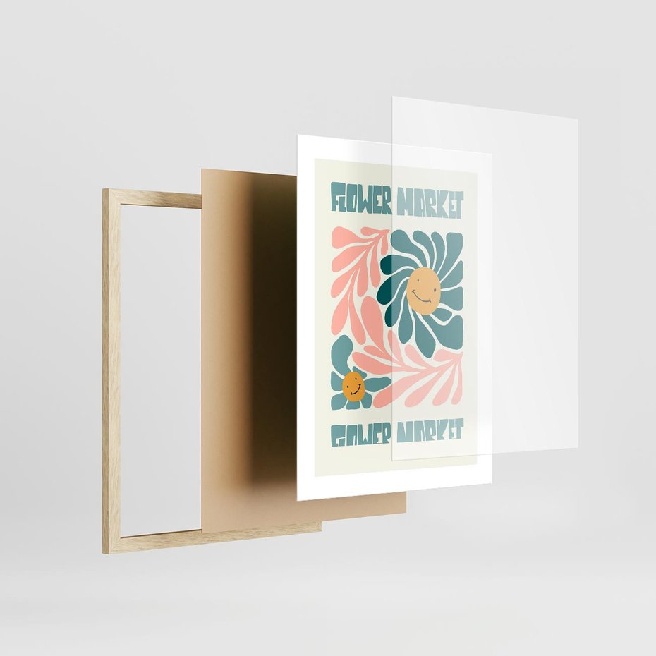 Plakat w ramie 30x40 - Harmonia płatków kwiatów - kwiatowa retro kompozycja, pastelowe kolory - rama drewno