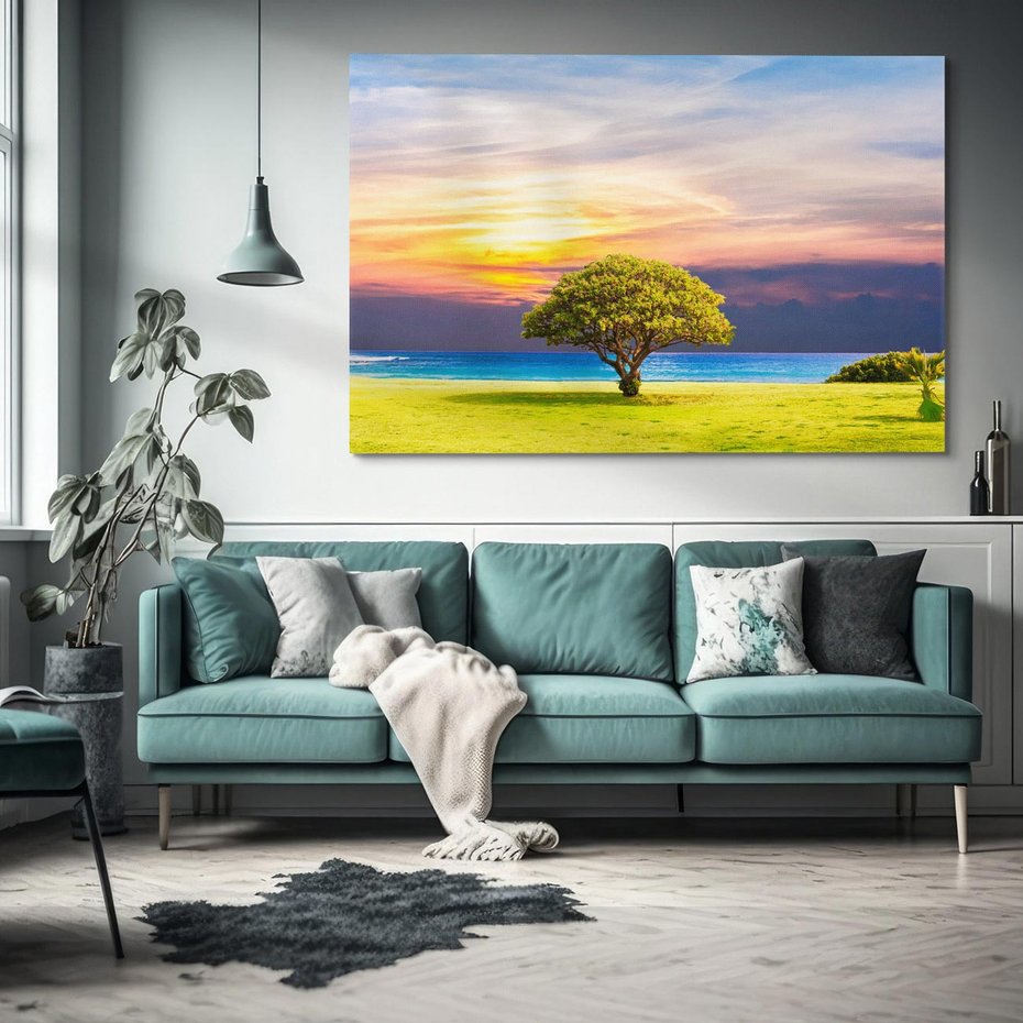 Obraz na płótnie 70x50 - Drzewo, Morze, Trawa - Naturalna Harmonia - drzewo, morze