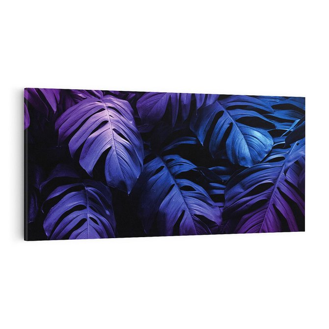 Obraz na płótnie 100x50 - Mroczna Magia Dżungli - mroczna grafika, fioletowe liście monstery na czarnym tle