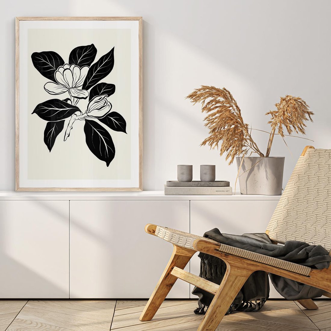 Plakat w ramie 40x50 - Spojrzenie w kształty kwiatów - kwiaty magnolii, minimalizm - rama drewno