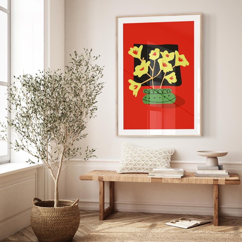 Plakat w ramie 30x40 - Abstrakcyjne Przenikanie - abstrakcyjne kwiaty, czerwone tło - rama drewno