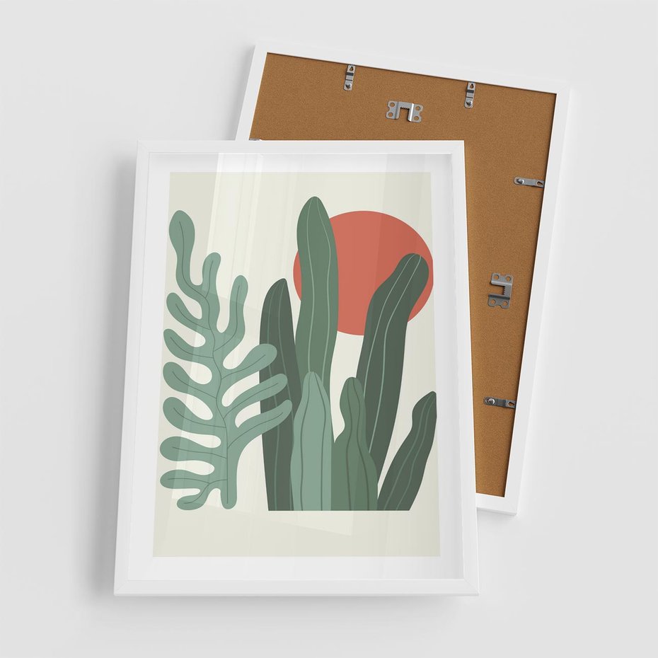 Plakat w ramie 50x70 - Graficzna Harmonia: Liście i Rośliny na Plakacie - liście, grafika - rama biała