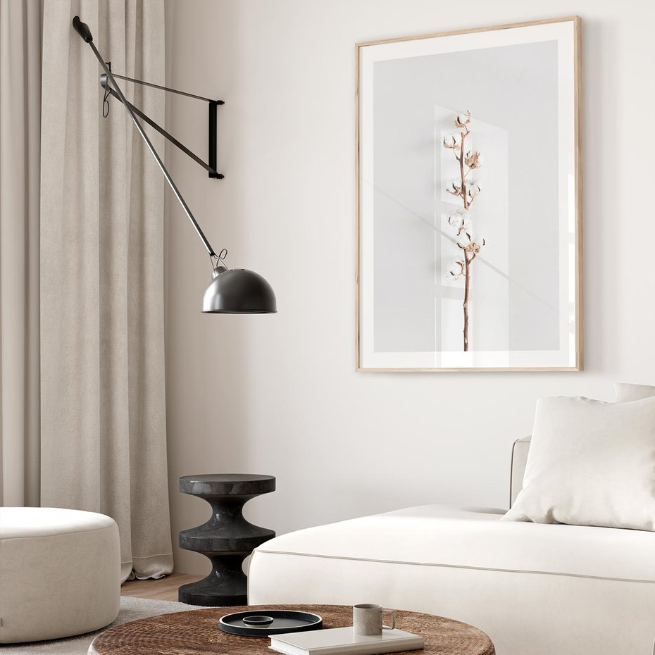 Plakat w ramie 30x40 - Minimalistyczna Gałązka Bawełny - bawełna, gałązka bawełny - rama drewno