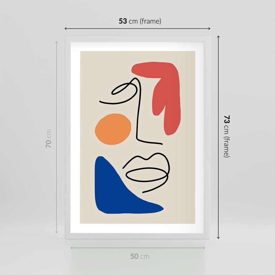 Plakat w ramie 50x70 - Rozbijające Granice Kształtów - abstrakcyjny obraz, przypomina twarz - rama biała