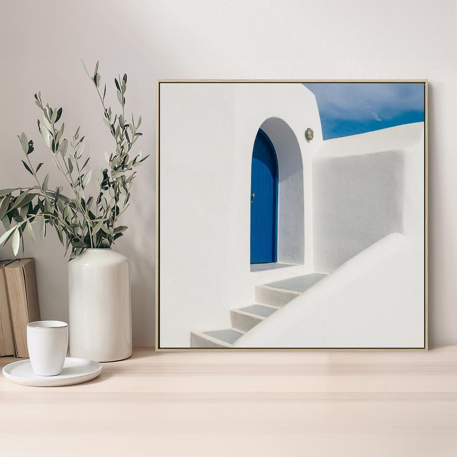 Obraz w ramie 50x50 - Powitanie Wyspy - Santorini, drzwi - rama drewno