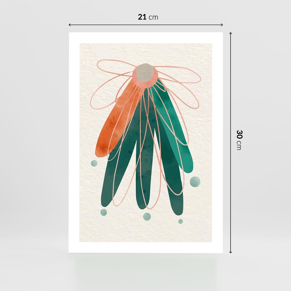 Plakat bez ramy 21x30 - Energetyczna Harmonia Kwiatów - akwarelowe abstrakcyjne kształty, zieleń i pomarańcz