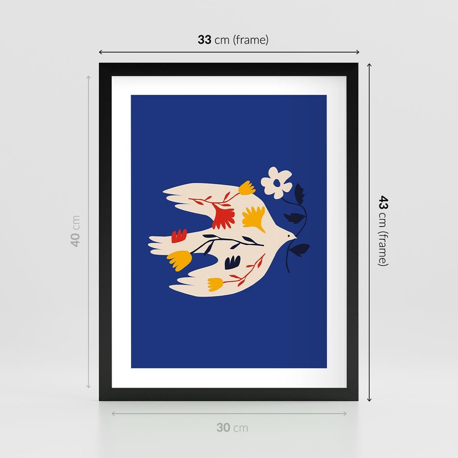 Plakat w ramie 30x40 - Bezczasowy Szept - niebieskie tło, abstrakcyjny biały ptak - rama czarna