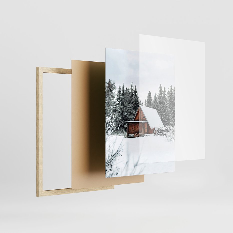 Zestaw obrazy w ramie 30x40 galeria - Las, zima, domki, śnieg - rama drewno