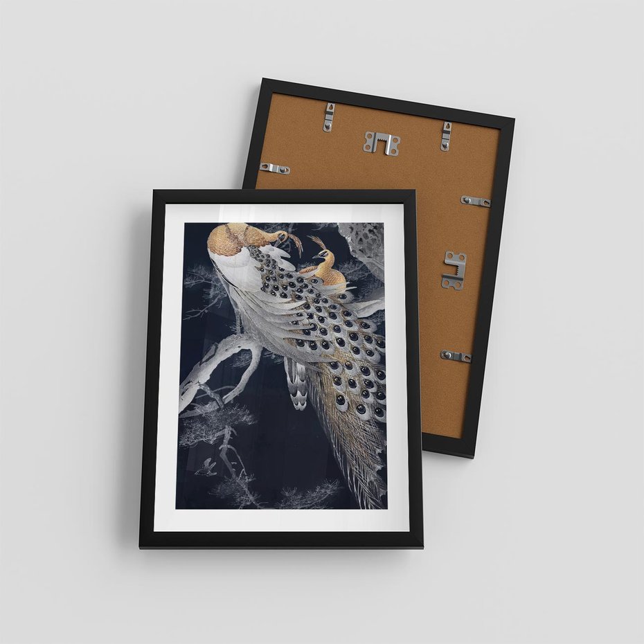 Plakat w ramie 30x40 - Japońskie Pawie - japońska grafika, pawie - rama czarna
