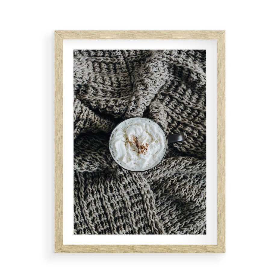 Plakat w ramie 50x70 - Relaks z Kawą i Kocem - ciepły wełniany koc, kawa z bitą śmietaną - rama drewno
