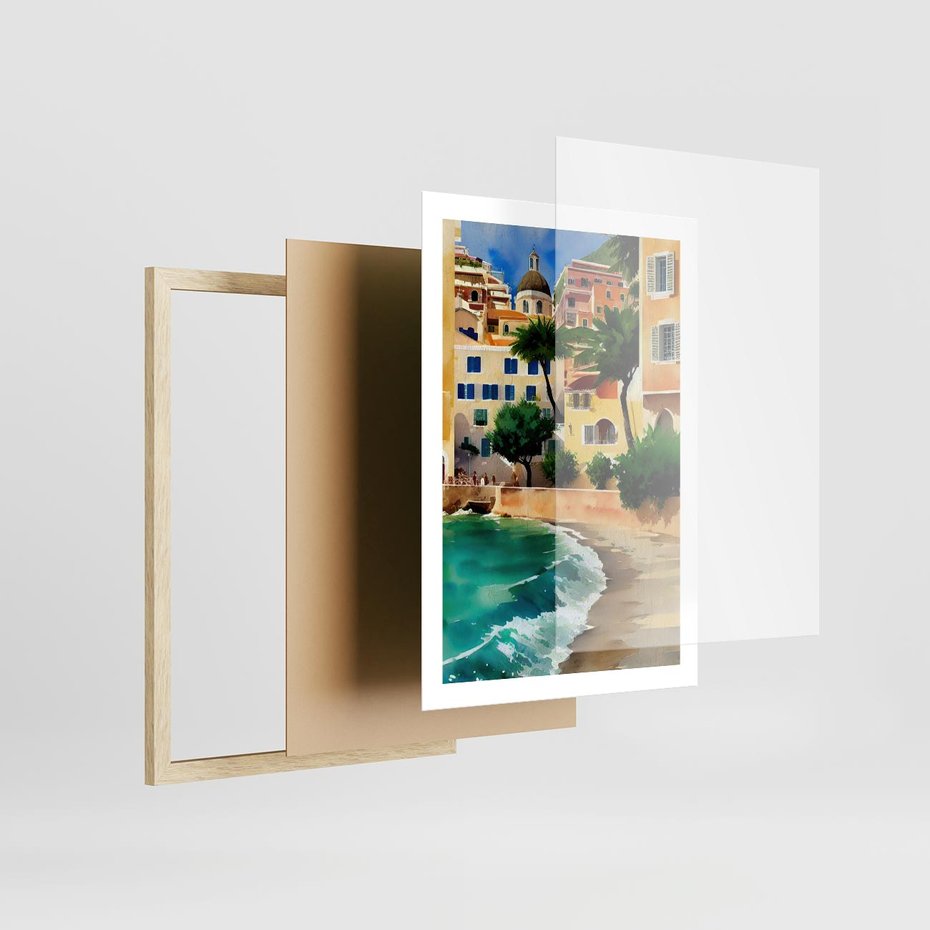Plakat w ramie 50x70 - Zamieszkajmy Tu - akwarela, śródziemnomorski klimat - rama drewno