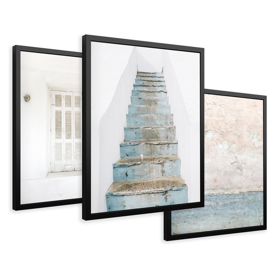Zestaw obrazy w ramie 30x40 galeria - Turkus, Grecja, schody, okiennice - rama czarna