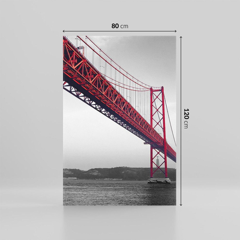 Obraz na płótnie 80x120 - Majestatyczny Most - czarno biała fotografia, czerwony stalowy most nad rzeką
