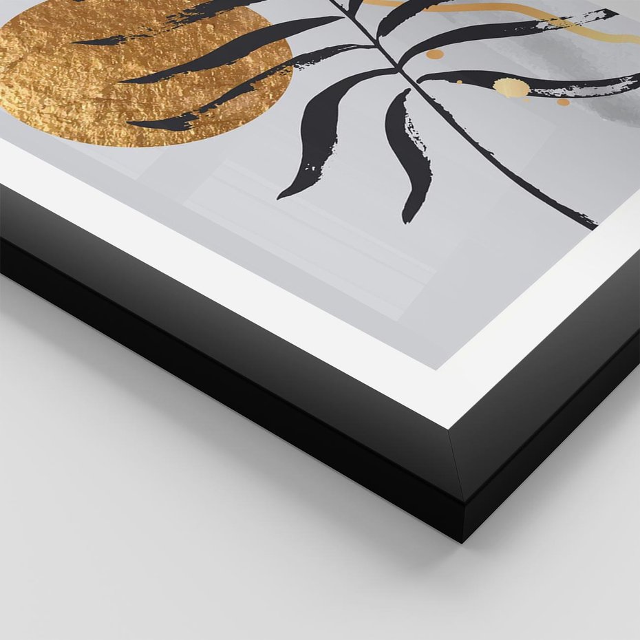 Plakat w ramie 30x40 - Grafika z Czarnym Liściem Palmy - czarny liść palmy, złóte kołó - rama czarna