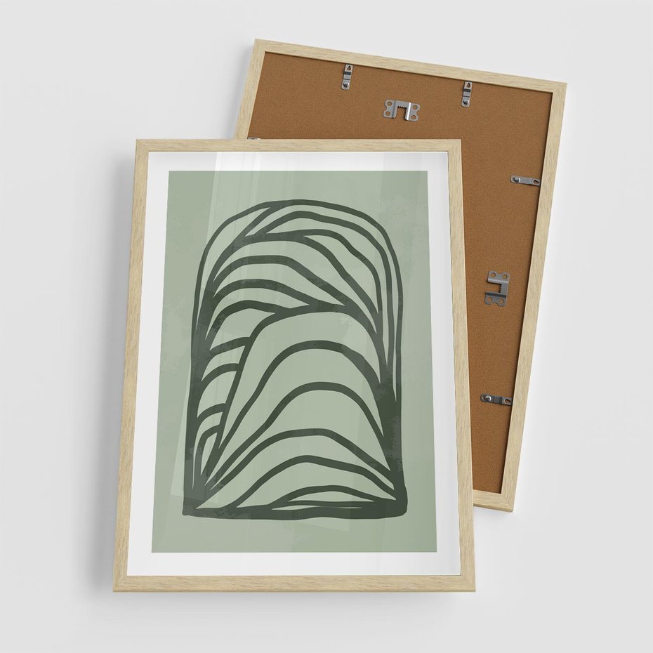Plakat w ramie 50x70 - Zielonkawy Uścisk Natury - abstrakcyjny zielony motyw, skandynawski design - rama drewno