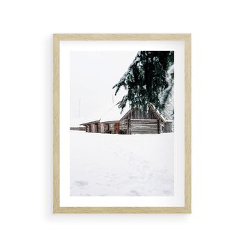 Plakat w ramie 30x40 - Zimowy Azyl - domek w górach, śnieg - rama drewno