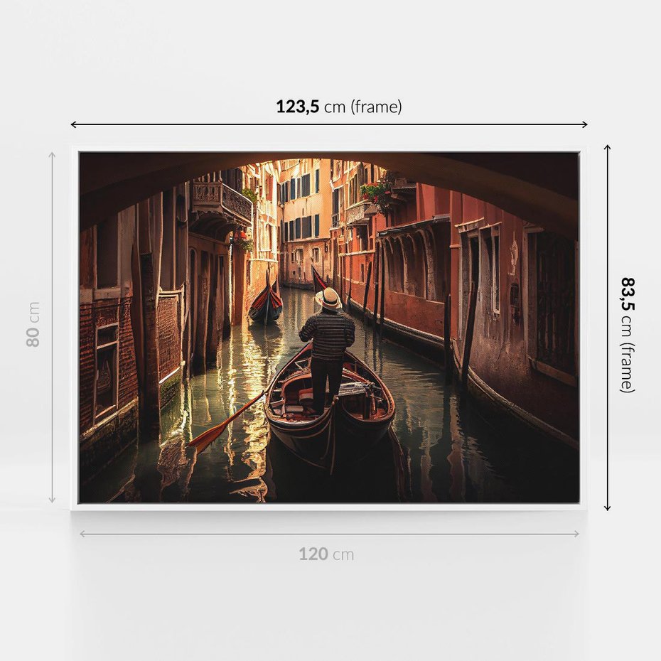 Obraz w ramie 120x80 - Spokojna Wenecja - gondolier w gondoli, kanały Wenecji - rama biała