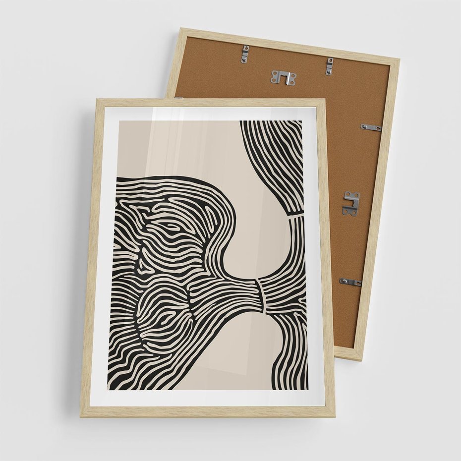 Plakat w ramie 50x70 - Harmonijne Kształty - abstrakcyjne ryciny, czarno biały - rama drewno