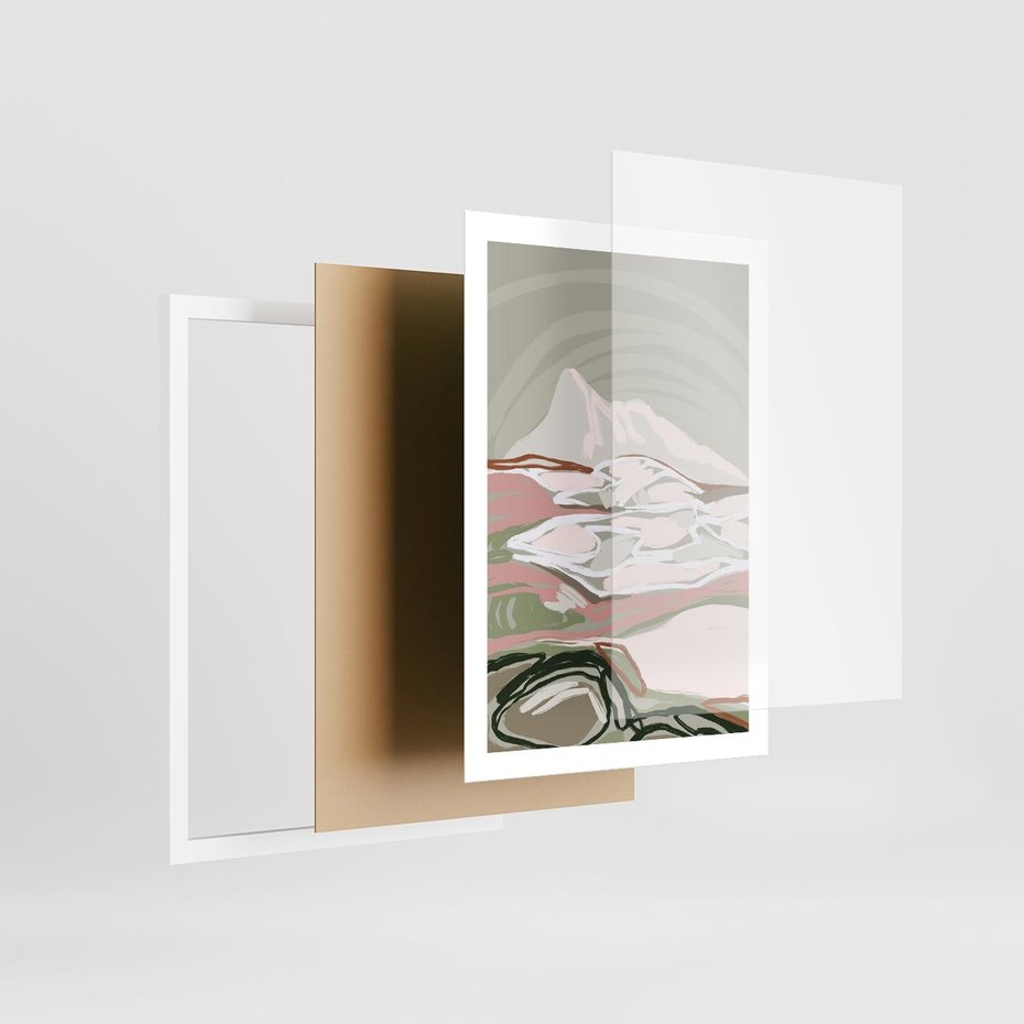 Plakat w ramie 50x70 - Szarawe Wzgórza - pastelowy krajobraz, nowoczesny plakat - rama biała