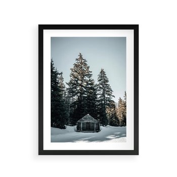 Plakat w ramie 50x70 - Chatka w Górach w Czasie Zimy - chatka w górach, zima - rama czarna