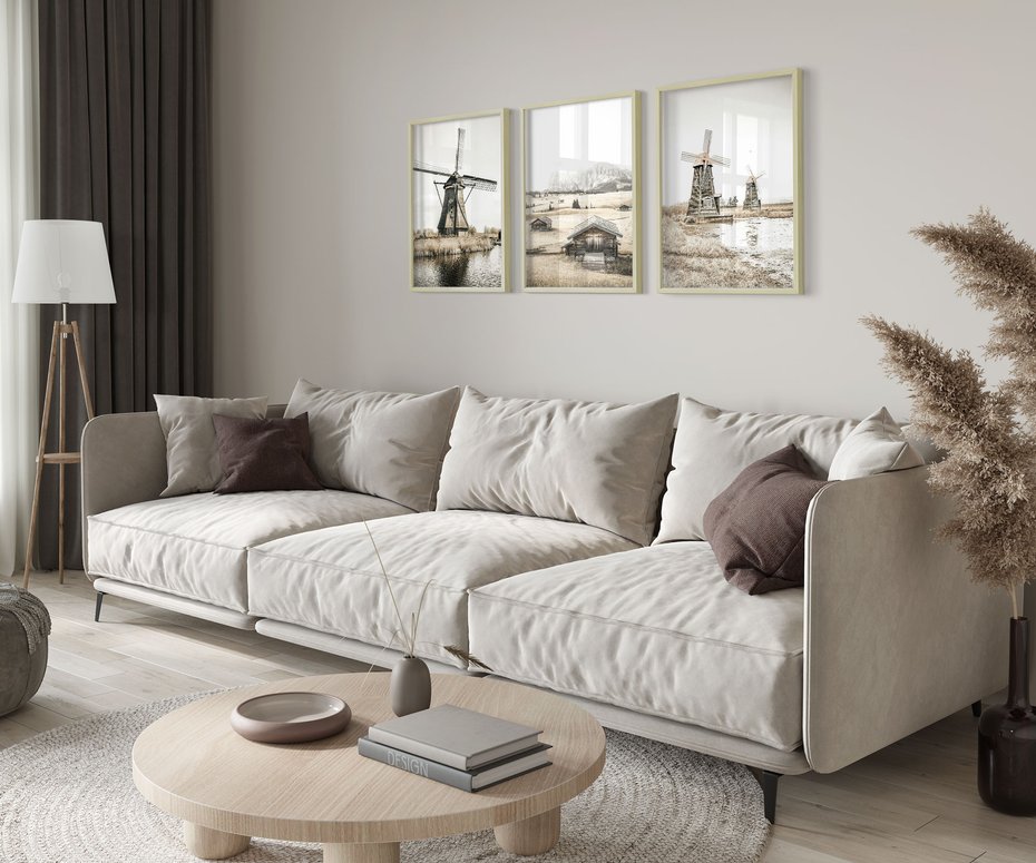 Zestaw obrazy w ramie 50x70 galeria - Wiatraki, domki, pola, łąki - rama drewno