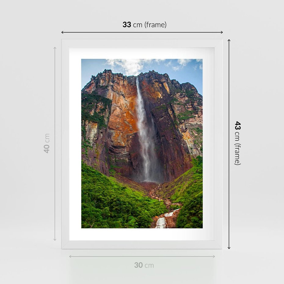 Plakat w ramie 30x40 - Górska siła wodospadów - wodospad, góra - rama biała