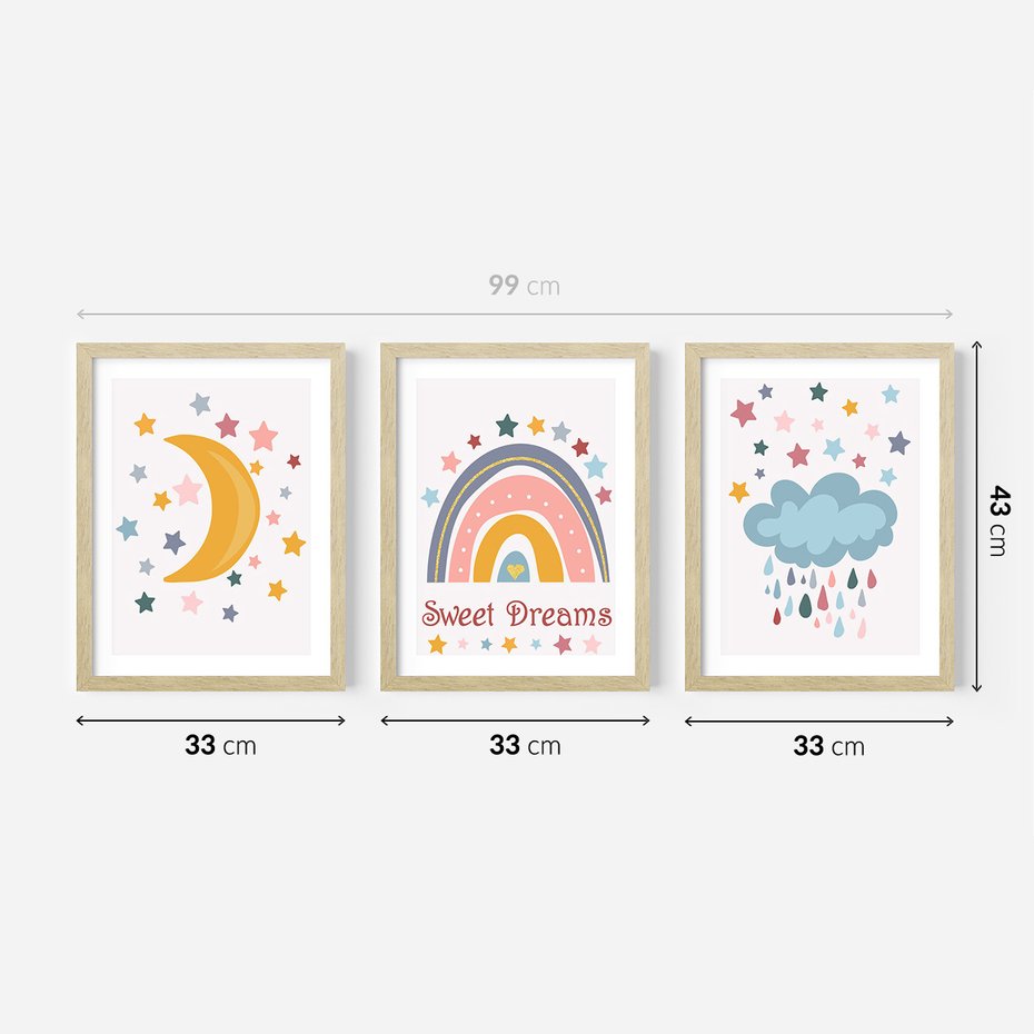 Zestaw obrazy w ramie 30x40 galeria - Plakaty, dla, dzieci, tęcza - rama drewno