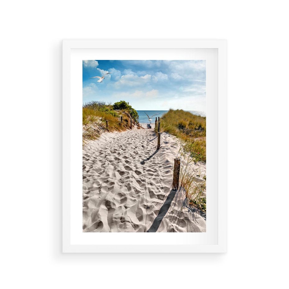 Plakat w ramie 30x40 - Mewy nad Morzem - plaża, mewy - rama biała
