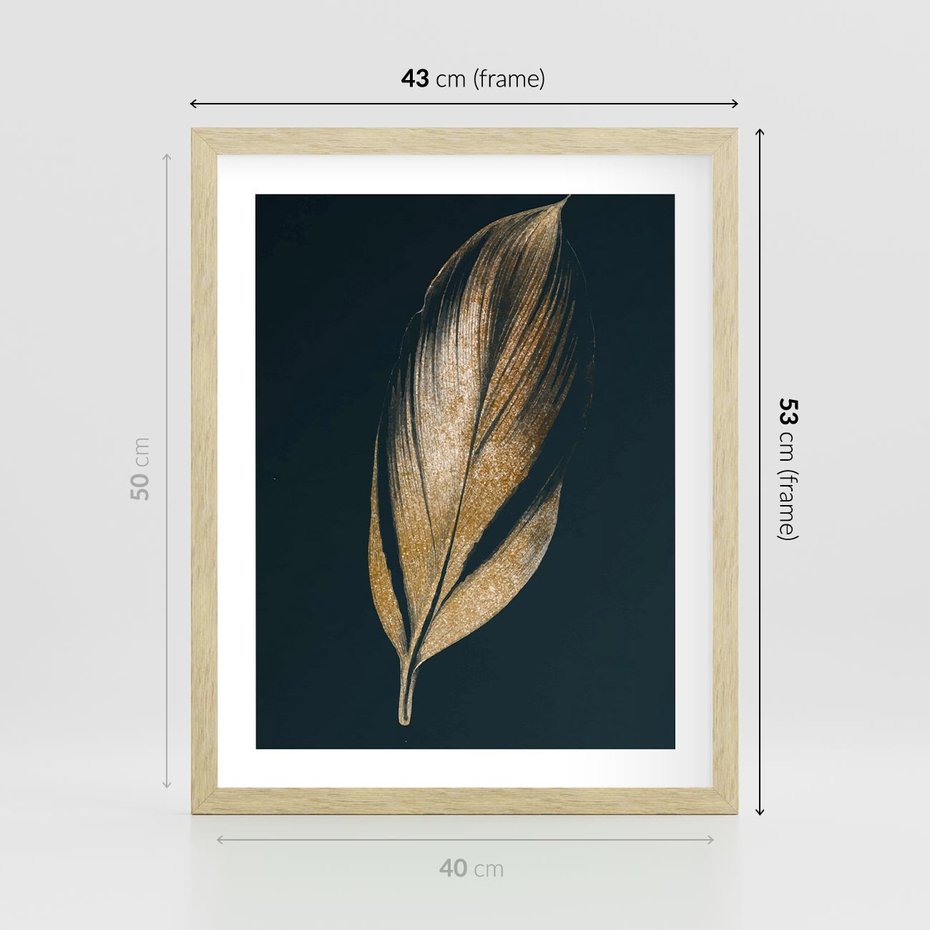 Plakat w ramie 40x50 - Mroczne Złoto - nowoczesna grafika, złoty liść na czarnym tle - rama drewno