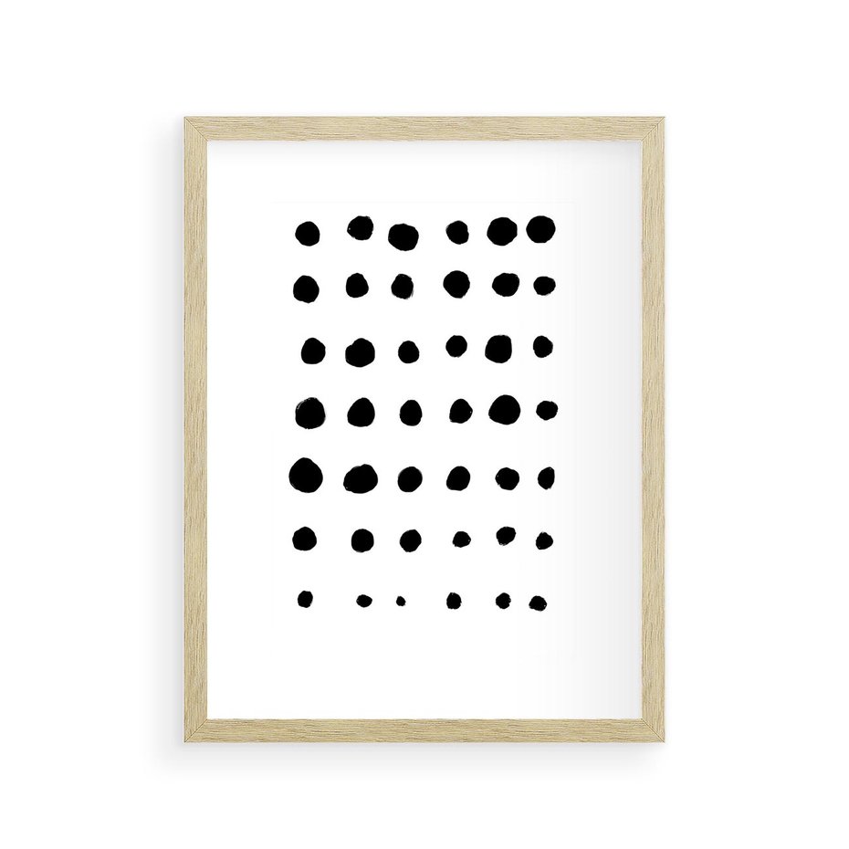 Plakat w ramie 30x40 - Refleksje Światła - minimalistyczna kompozycja, czarne kropkina białym tle - rama drewno