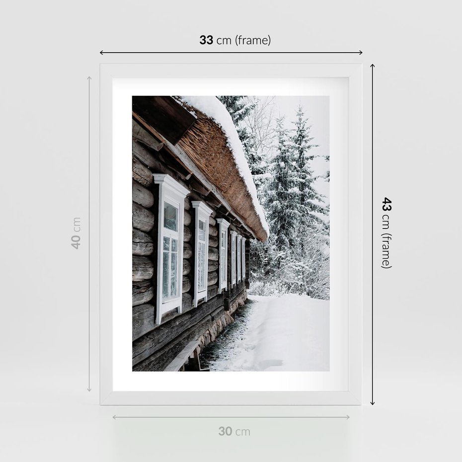 Plakat w ramie 30x40 - Cicha Zima - zima, domek w górach - rama biała