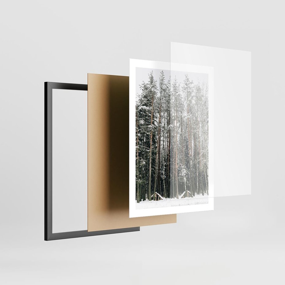 Plakat w ramie 50x70 - Sypiący Śnieg - las w zimie, drzewa pod śniegiem - rama czarna