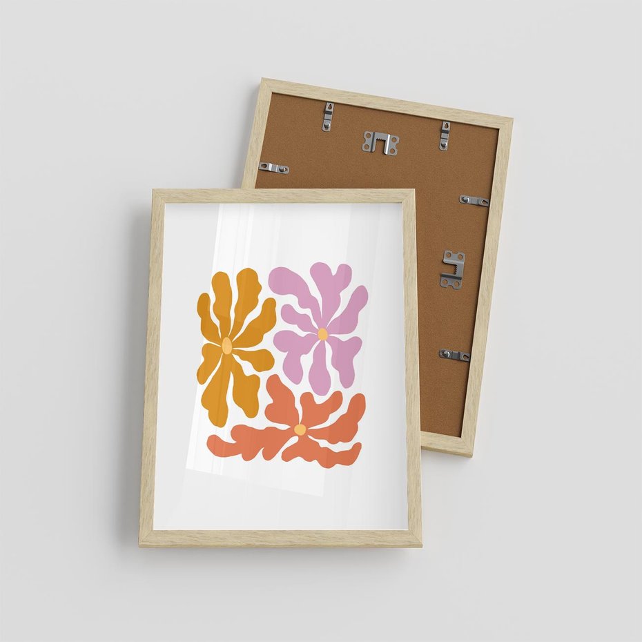 Plakat w ramie 30x40 - Rozbijające Refleksje - abstrakcyjne kolorowe kwiaty, minimlizm - rama drewno